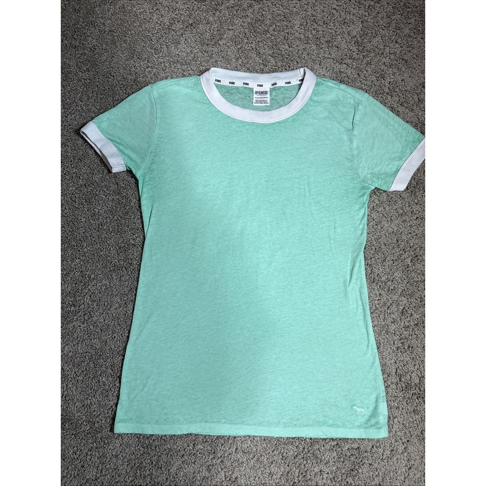 Pink Victoria's Secret Mint Green Ringer Tee Shirt Womens XS Short Sleeve Logo